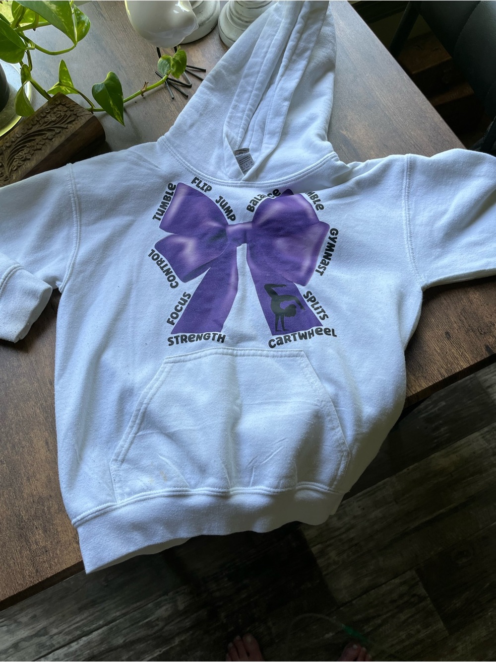 Girls White Hoodie with Purple Bow Gym Graphic